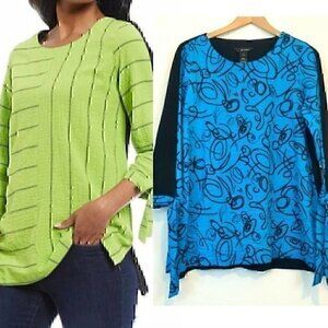 NEW NWT ALI MILES Crinkle 3/4 Tie Sleeve Contrast Back Hi-Low Tunic Blue Black